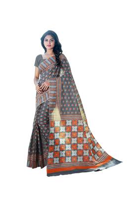 Grey printed satin saree with blouse 1