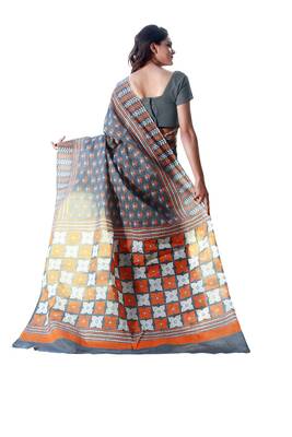 Grey printed satin saree with blouse 2