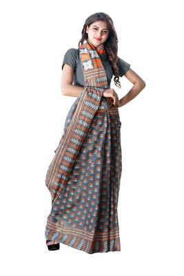 Grey printed satin saree with blouse 3