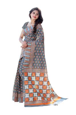 Grey printed satin saree with blouse 4