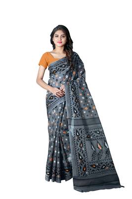 Grey printed satin saree with blouse 1