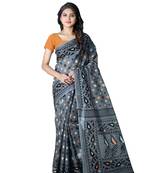 Grey printed satin saree with blouse