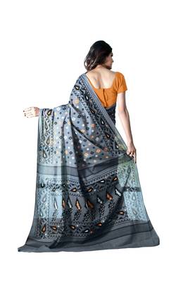 Grey printed satin saree with blouse 2