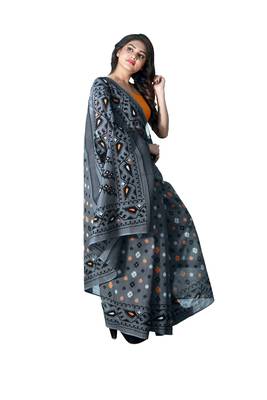 Grey printed satin saree with blouse 3