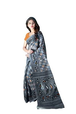 Grey printed satin saree with blouse 4