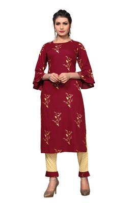 Maroon printed rayon kurta sets 1