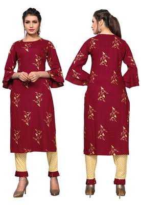 Maroon printed rayon kurta sets 5