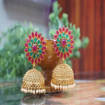 Multicolor bright pink and green stone studded golden jhumkis 1