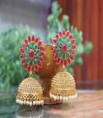 Multicolor bright pink and green stone studded golden jhumkis