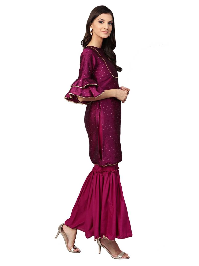 Pink Art Silk Self Design Kurta With Sharara And Dupatta