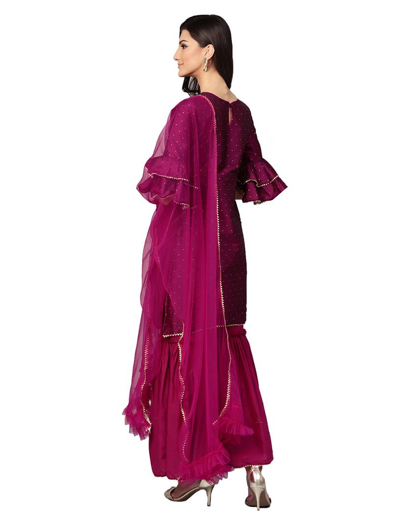 Pink Art Silk Self Design Kurta With Sharara And Dupatta