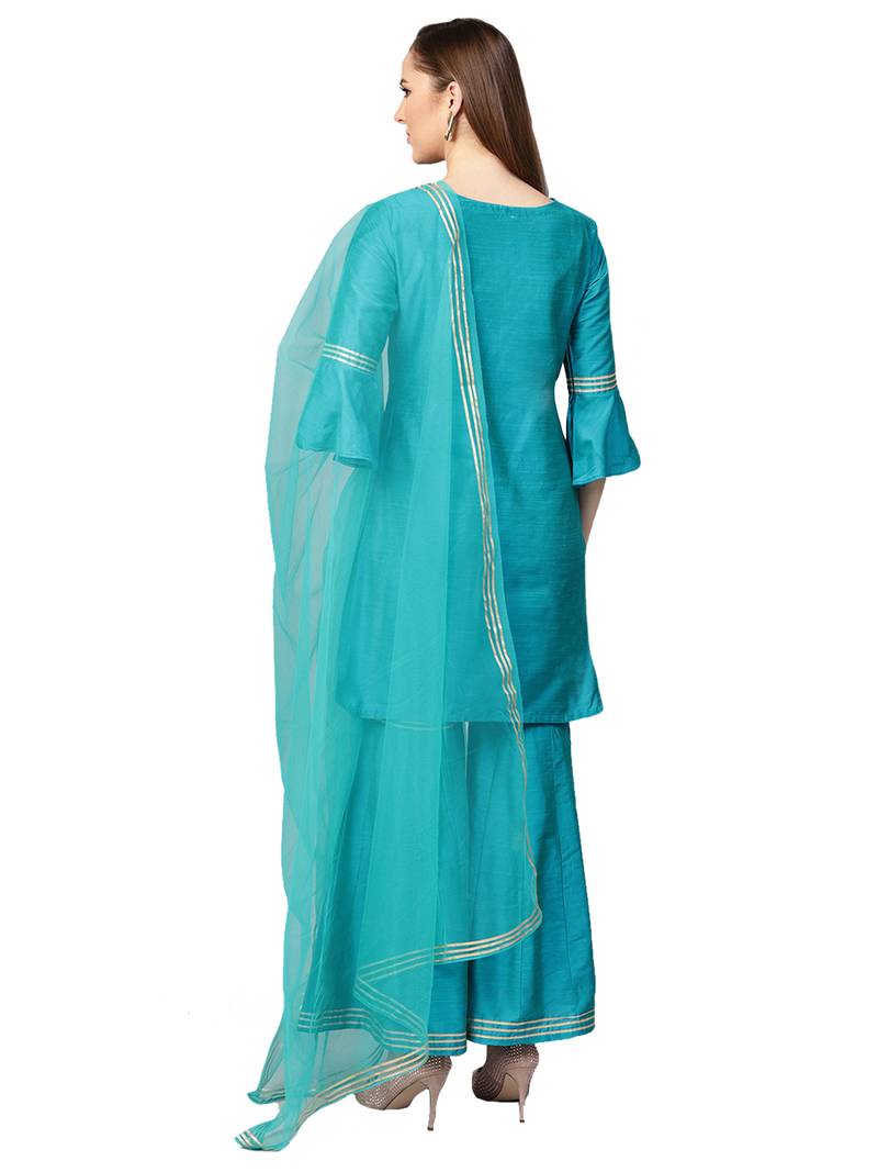 Blue Cotton Solid Kurta With Sharara And Dupatta