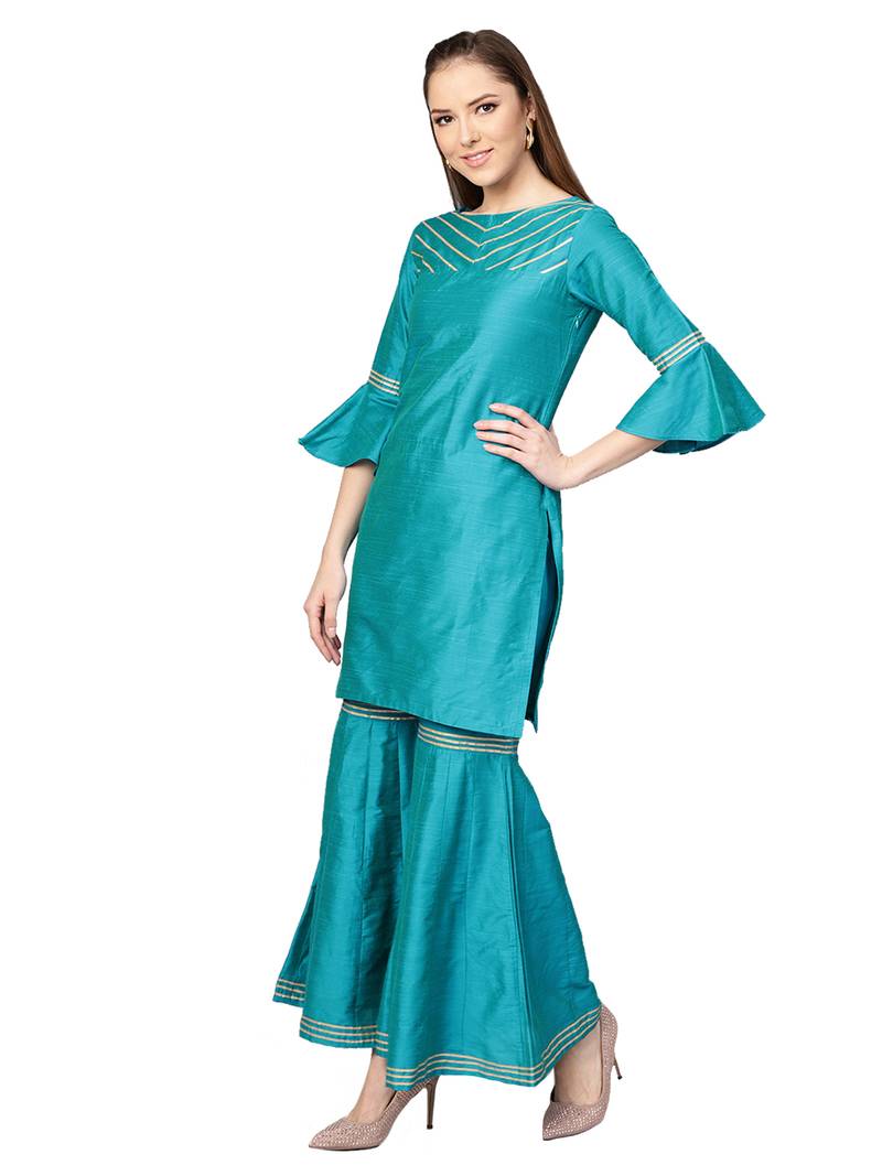 Blue Cotton Solid Kurta With Sharara And Dupatta