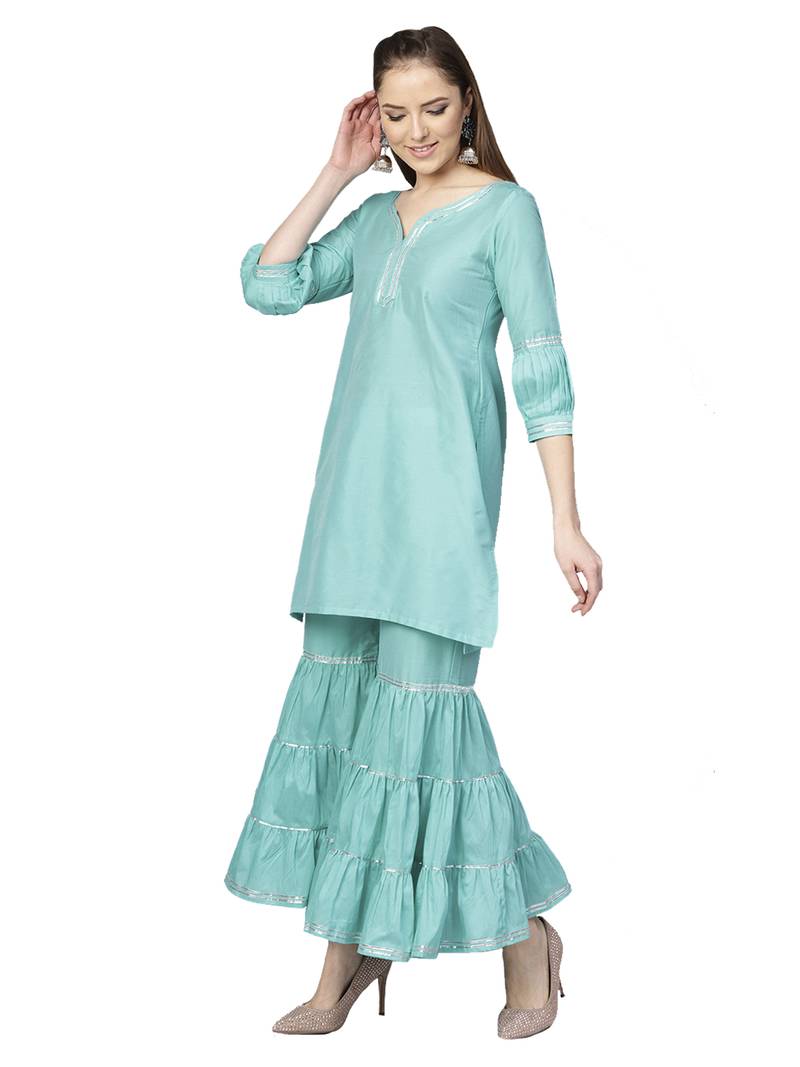 Sky Blue Chanderi Solid Kurta With Sharara And Dupatta