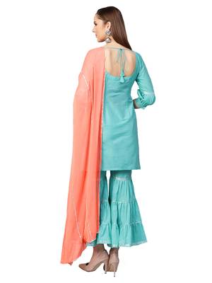 Sky Blue Chanderi Solid Kurta With Sharara And Dupatta 3