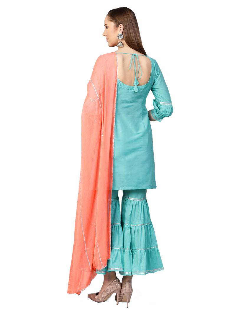 Sky Blue Chanderi Solid Kurta With Sharara And Dupatta