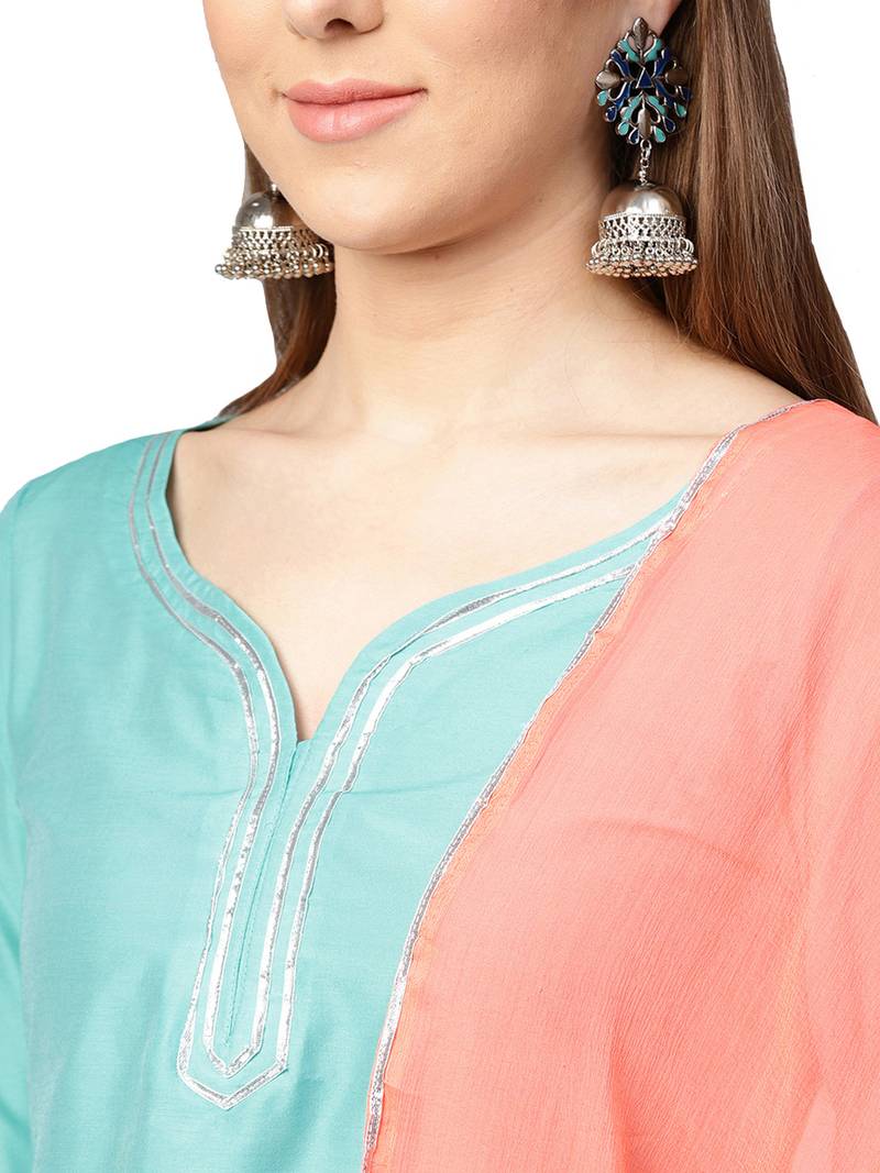 Sky Blue Chanderi Solid Kurta With Sharara And Dupatta