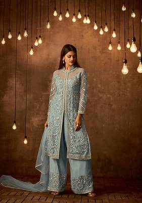 Teal embroidered net salwar with dupatta 1