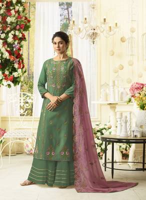 Green Embroidered Silk Salwar With Dupatta 1