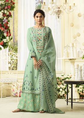 Light-Green Embroidered Silk Salwar With Dupatta 1