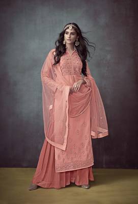 Peach embroidered georgette salwar with dupatta 1