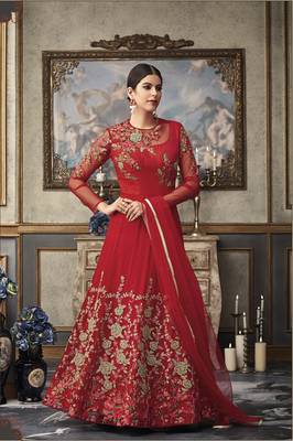 Red embroidered net salwar with dupatta 1