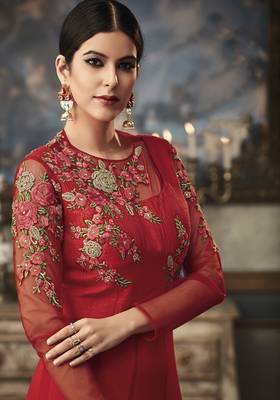 Red embroidered net salwar with dupatta 2