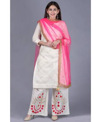 Ivory Treasure Gotta Kurti with Gotta Embroidered Palazzo and Pink Mirror Stone Net Dupatta 1