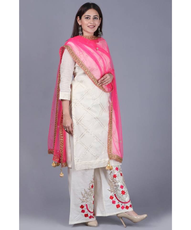 Ivory Treasure Gotta Kurti with Gotta Embroidered Palazzo and Pink Mirror Stone Net Dupatta