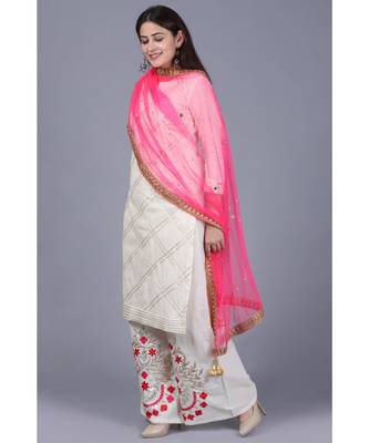 Ivory Treasure Gotta Kurti with Gotta Embroidered Palazzo and Pink Mirror Stone Net Dupatta 3
