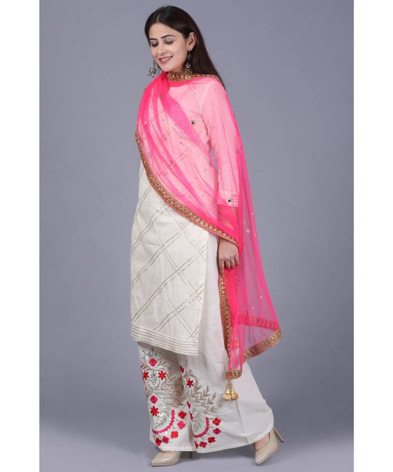 Ivory Treasure Gotta Kurti with Gotta Embroidered Palazzo and Pink Mirror Stone Net Dupatta