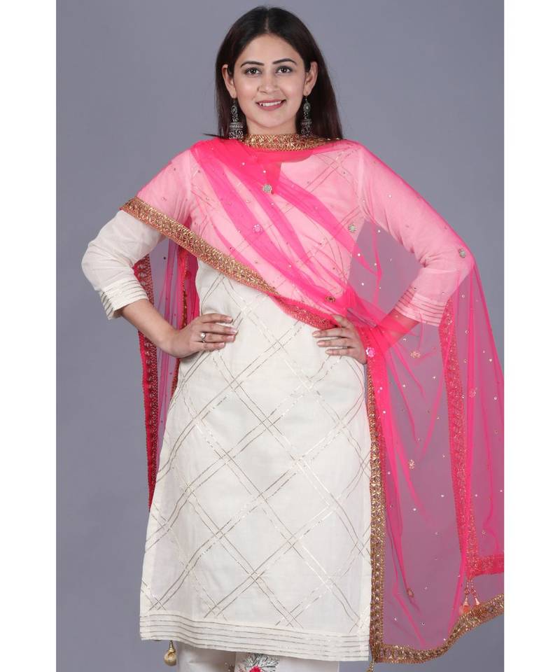Ivory Treasure Gotta Kurti with Gotta Embroidered Palazzo and Pink Mirror Stone Net Dupatta