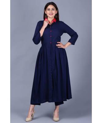 Navy Blue Ikkat Gathered Kurti with Straight Pants 1