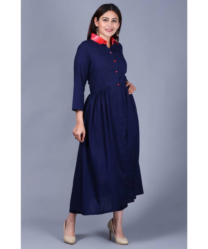 Navy Blue Ikkat Gathered Kurti with Straight Pants