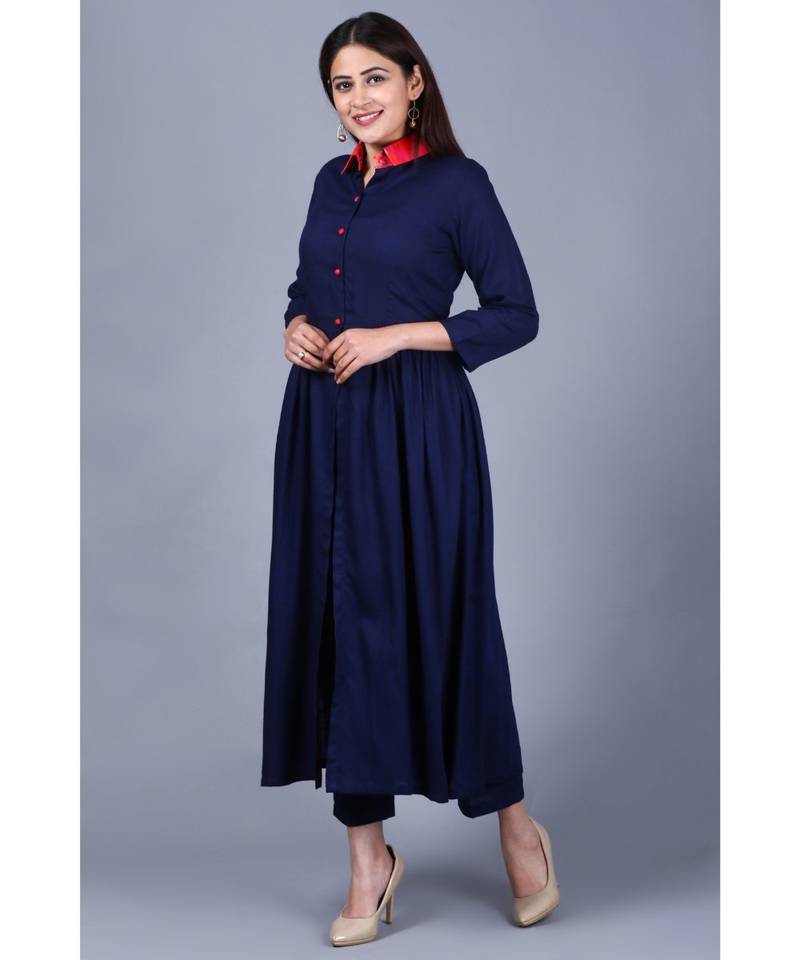 Navy Blue Ikkat Gathered Kurti with Straight Pants