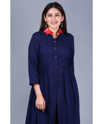 Navy Blue Ikkat Gathered Kurti with Straight Pants 4