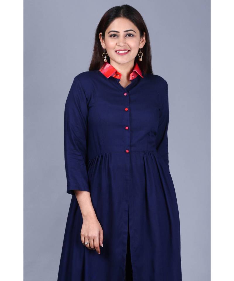Navy Blue Ikkat Gathered Kurti with Straight Pants