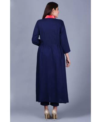 Navy Blue Ikkat Gathered Kurti with Straight Pants 5