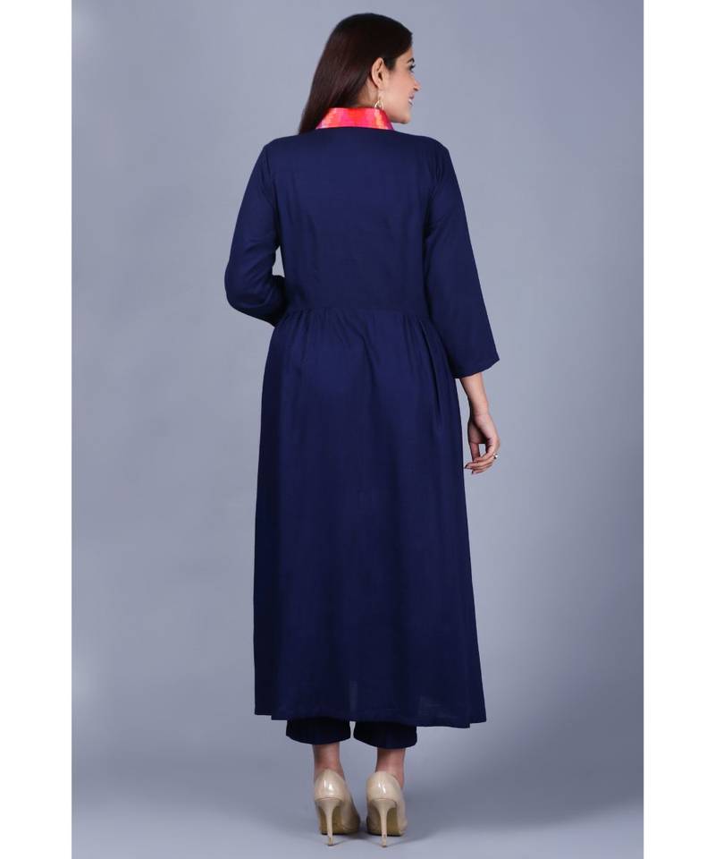 Navy Blue Ikkat Gathered Kurti with Straight Pants