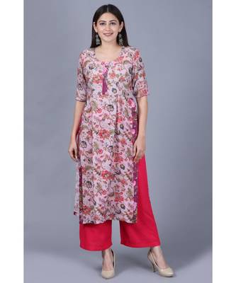 Lavender Burst Floral Kurti with Straight Pants 1