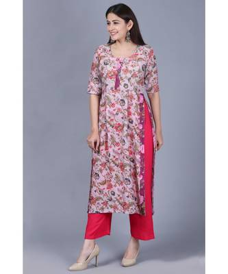 Lavender Burst Floral Kurti with Straight Pants 2