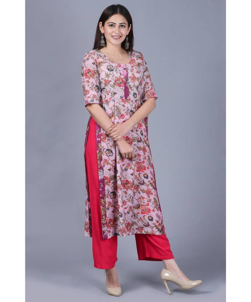 Lavender Burst Floral Kurti with Straight Pants