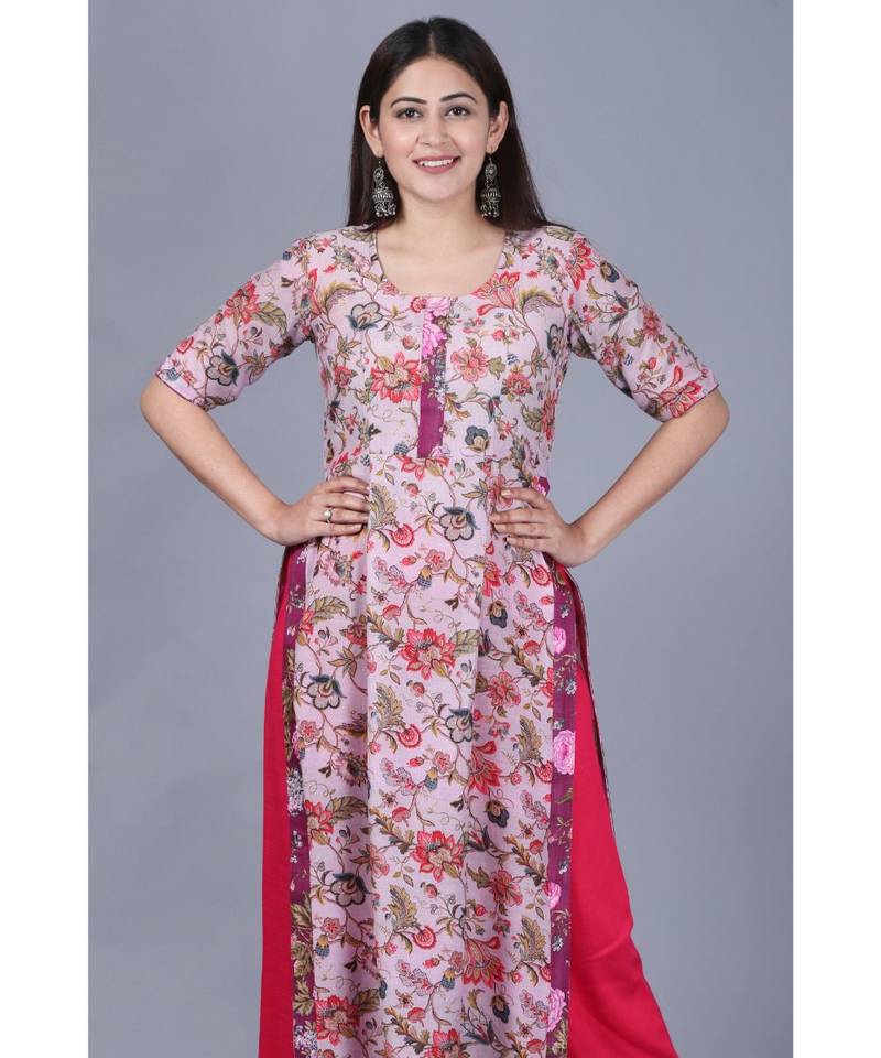 Lavender Burst Floral Kurti with Straight Pants