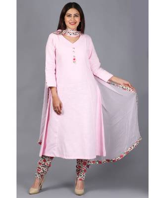 Blush Pink Kali Kurti with Printed Churidaar and Chiffon Dupatta with Floral Border 1