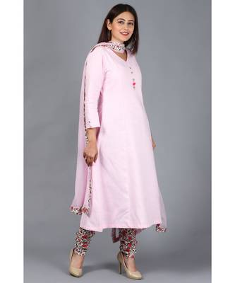 Blush Pink Kali Kurti with Printed Churidaar and Chiffon Dupatta with Floral Border 2
