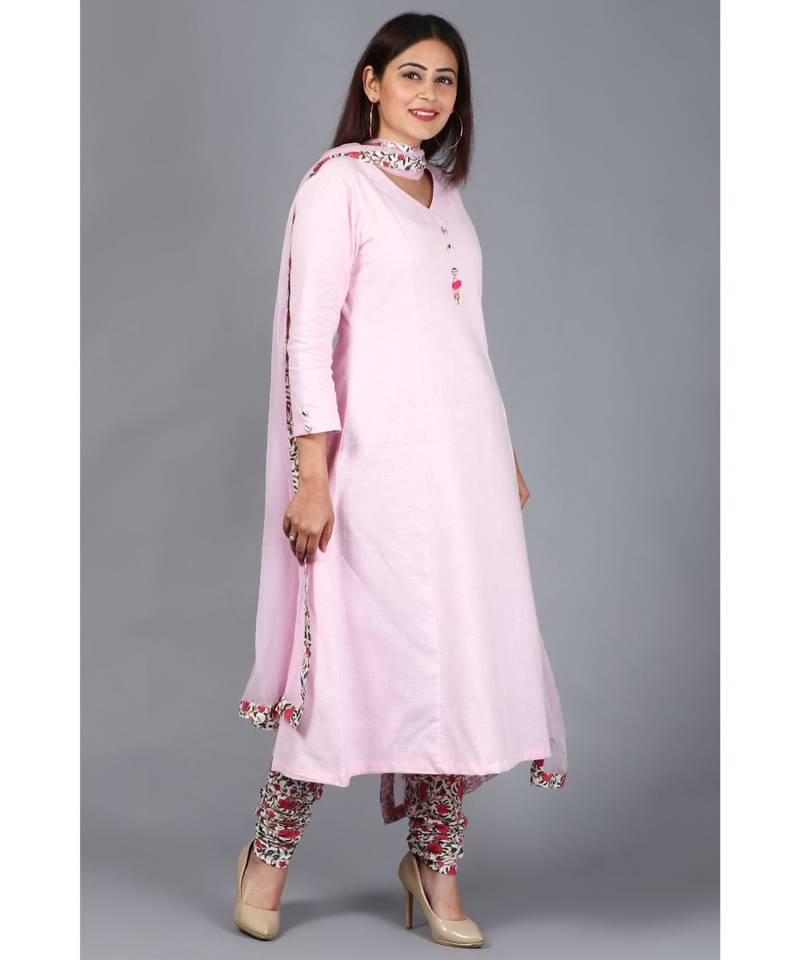 Blush Pink Kali Kurti with Printed Churidaar and Chiffon Dupatta with Floral Border