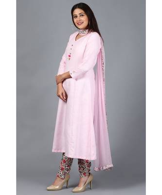 Blush Pink Kali Kurti with Printed Churidaar and Chiffon Dupatta with Floral Border 3