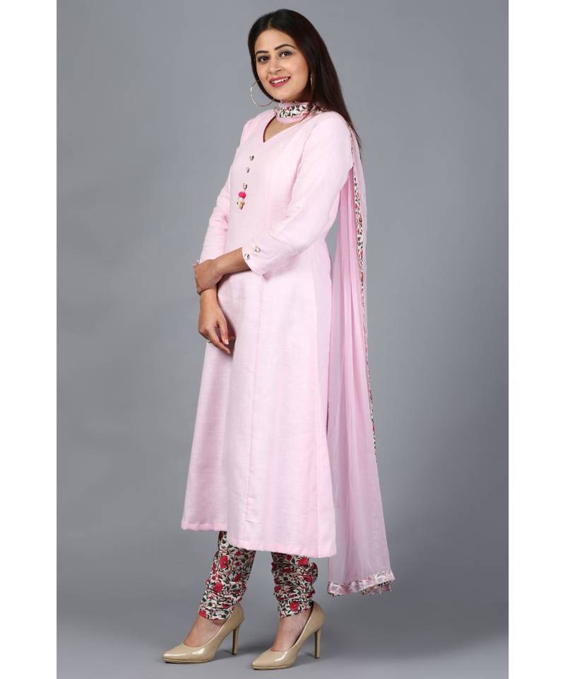 Blush Pink Kali Kurti with Printed Churidaar and Chiffon Dupatta with Floral Border
