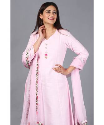 Blush Pink Kali Kurti with Printed Churidaar and Chiffon Dupatta with Floral Border 4