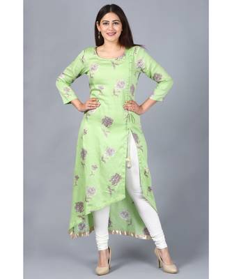 Pista Green Floral Asymmetrical Side Slit Kurti with Churidaar 1